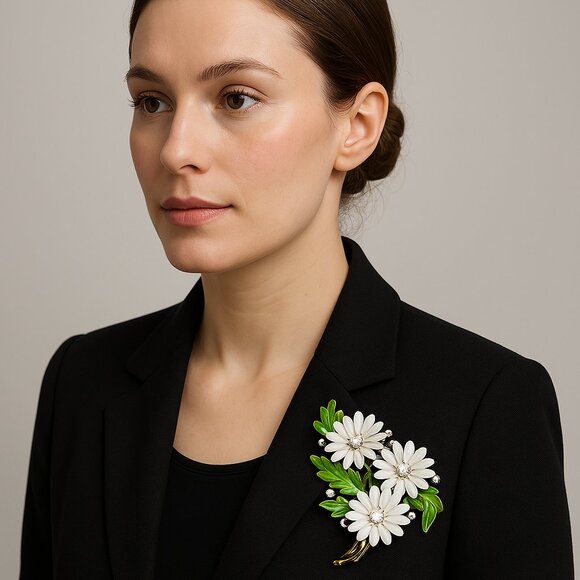 Crown Trifari Jewelry - Vtg Crown Trifari Enamel Brooch White Flowers With Green Leaves And Crystals Pin
